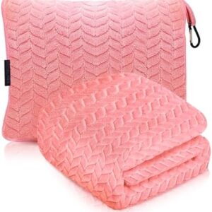 Travel Blanket and Pillow – Ultra Soft Lightweight Compact Blanket for Airplane, Car, Bus, Travel – Portable Cozy Fleece for Men, Women, and Kids – Pink, 42" x 68"