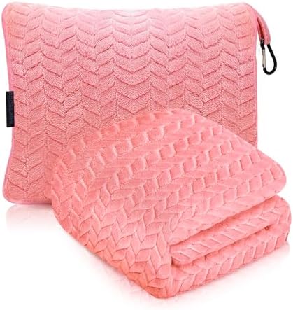 Travel Blanket and Pillow – Ultra Soft Lightweight Compact Blanket for Airplane, Car, Bus, Travel – Portable Cozy Fleece for Men, Women, and Kids – Pink, 42" x 68"