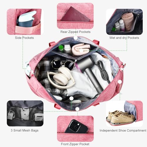 Carry on luaggage 22x14x9 Airlines Approved, Foldable Travel Duffel Bags Weekender Overnight Carry on Duffel Luggage Gym Duffle Bag with Wet Pocket & Shoe Compartment for Women Men(Pink, 40L) - Image 5