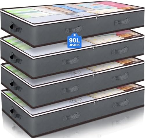 Budding Joy 90L Under Bed Storage Containers, Closet Organizers and Storage Bins, Foldable Underbed Storage Bags for Blanket, Clothing, Comforter, Sweaters, Pillows, Linen Sheets, Wrapping Paper, Grey