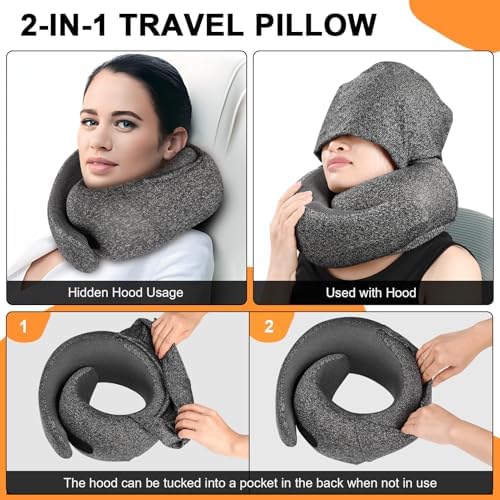 Travel Pillow - Hooded Neck Pillow Airplane Memory Foam Filling for Plane, Office, Cars Sleeping, Road Trip, Long Flights, Portable Plane Accessories, Includes Eye Mask & Earplugs (Dark Gray) - Image 2