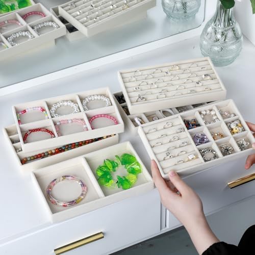 6 Set of Jewelry Drawer Organizer, Stackable Jewelry Organizer Drawer Inserts Container Display Case Storage for Earring Necklace Rings Bracelet with Removable Dividers,Apricot - Image 4