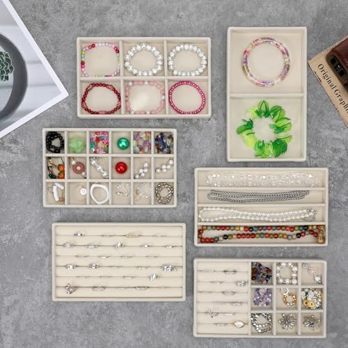 6 Set of Jewelry Drawer Organizer, Stackable Jewelry Organizer Drawer Inserts Container Display Case Storage for Earring Necklace Rings Bracelet with Removable Dividers,Apricot - Image 2