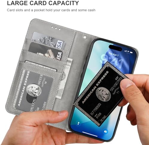 Bocasal for iPhone 17 Pro Wallet Case Compatible with MagSafe Wireless Charging, RFID Blocking Magnetic Leather Case with Card Slots Holder Kickstand Detachable Wrist Strap 6.3 Inch (Grey) - Image 5