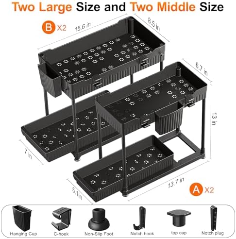 4 Pack Under Sink Organizer, Bathroom Organizers and Storage, 2 Tier Multi-Use Pull Out Cabinet Organizer with Hang Hooks and Cups (Black, 4 Pack) - Image 6