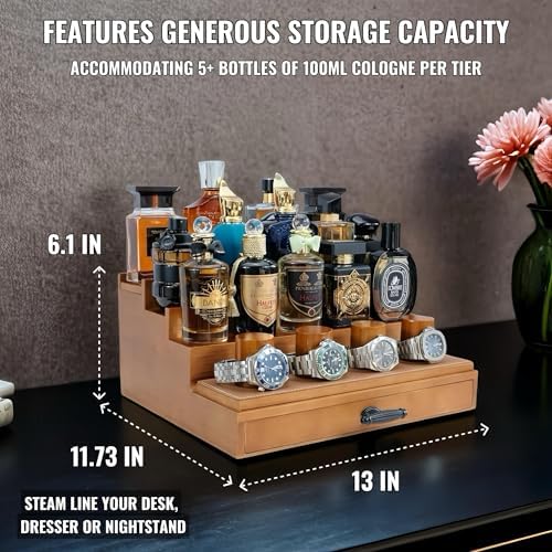 Cologne Watch Organizer Walnut Brown – Wooden Perfume Display Stand with Jewelry Storage Drawer, Velvet Lining, Hidden Compartment – Large Cologne Holder – Gift Box Included - Image 2