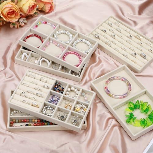 6 Set of Jewelry Drawer Organizer, Stackable Jewelry Organizer Drawer Inserts Container Display Case Storage for Earring Necklace Rings Bracelet with Removable Dividers,Apricot - Image 6