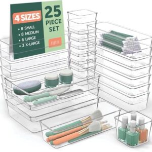 25 PCS Clear Plastic Drawer Organizers Set, 4 Sizes Clear Drawer Organizers & storage Bins for Makeup/Jewelry Vanity, Kitchen Gadgets Or Office Desk. Bathroom Drawer Organizer Trays With Non-Slip Pads