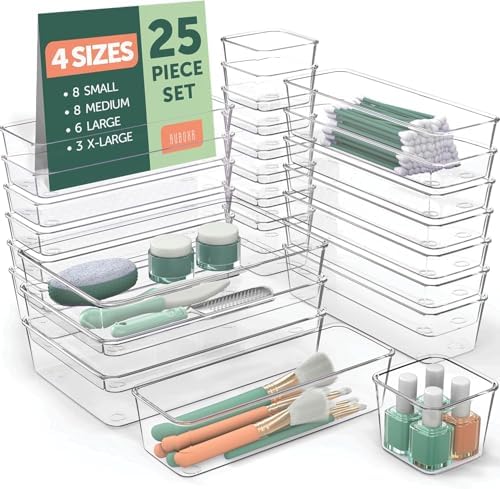 25 PCS Clear Plastic Drawer Organizers Set, 4 Sizes Clear Drawer Organizers & storage Bins for Makeup/Jewelry Vanity, Kitchen Gadgets Or Office Desk. Bathroom Drawer Organizer Trays With Non-Slip Pads