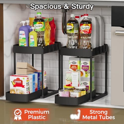 Multi-Purpose Pull-Out Storage Organizers, Under Sink/Cabinet Organizers and Storage for Bathroom & Kitchen, Black, 12.8 Inches, 2 Packs - Image 3