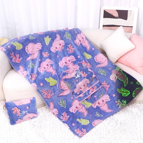 Axolotl Blanket for Airplane Travel - Glow in The Dark Kids Travel Blanket Pillow Set for Plane, Car - Axolotl Gifts Toys for Girls, Small Soft Purple Fleece Throw for Teens Girls 40" x 60" - Image 7