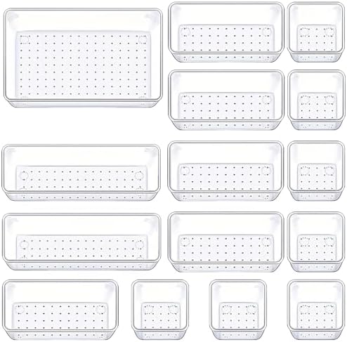 Drawer Organizers Set of 15, 4 Sizes Clear Plastic Drawer Organizers and Storage Bins for Kitchen, Bathroom, Office, Dresser Desk Drawer Organizer Tray for Jewelry, Makeup, Junk, Gadgets