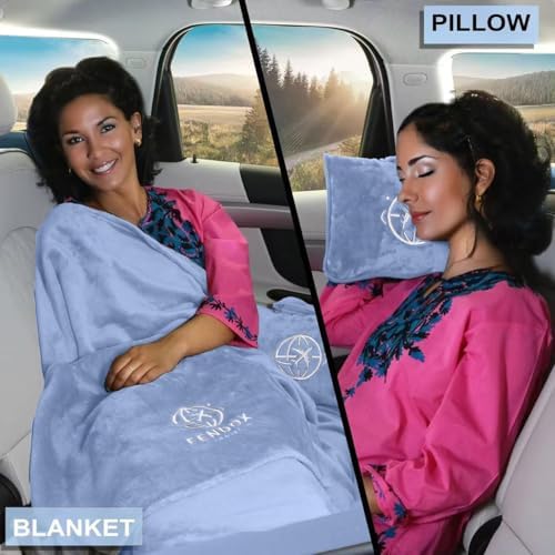 2-in-1 Travel Blanket and Pillow – Lightweight, Compact, Ultra Soft, Machine Washable – Handle, Luggage Sleeve, Backpack Clip – for Travel Airplane, Car, Office (Light Blue) - Image 3