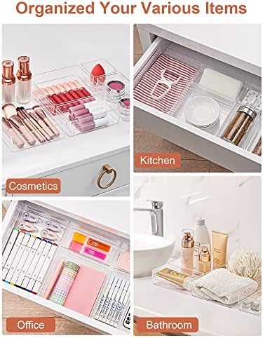 SMARTAKE 13-Piece Drawer Organizer with Non-Slip Silicone Pads, 5-Size Desk Drawer Organizer Trays Storage Tray for Makeup, Jewelries, Utensils in Bedroom Dresser, Office and Kitchen (Clear) - Image 6
