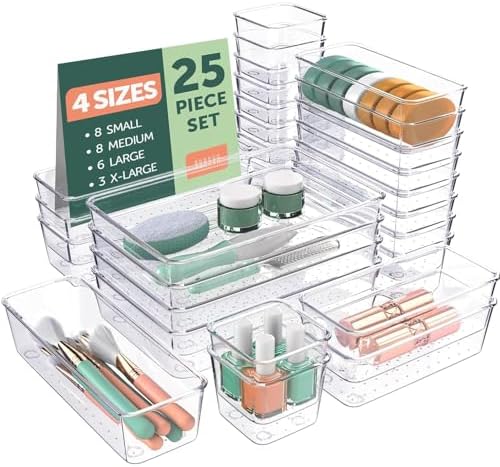 25 PCS Clear Plastic Drawer Organizers Set, 4 Sizes Clear Drawer Organizers & storage Bins for Makeup/Jewelry Vanity, Kitchen Gadgets Or Office Desk. Bathroom Drawer Organizer Trays With Non-Slip Pads - Image 9