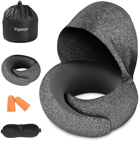 Travel Pillow - Hooded Neck Pillow Airplane Memory Foam Filling for Plane, Office, Cars Sleeping, Road Trip, Long Flights, Portable Plane Accessories, Includes Eye Mask & Earplugs (Dark Gray)