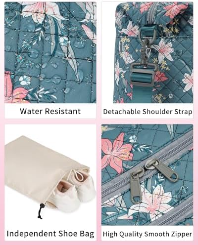 Ceneda Travel Duffle Bag - Quilted Weekender Overnight Bags For Women with Wet Pocket & Shoe Bag, Fits Airline Approved Personal Item Size (Blue Flower) - Image 7