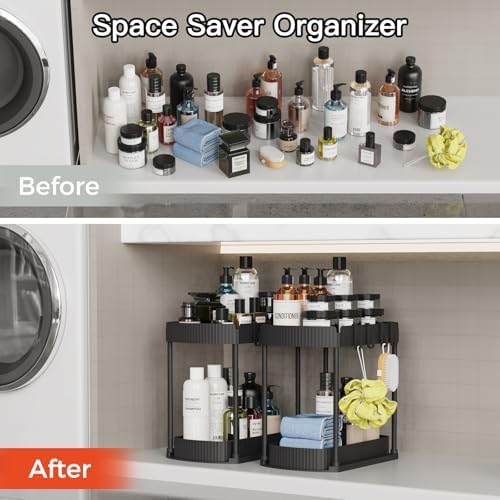 Multi-Purpose Pull-Out Storage Organizers, Under Sink/Cabinet Organizers and Storage for Bathroom & Kitchen, Black, 12.8 Inches, 2 Packs - Image 5