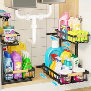 Miyawell Under Sink Organizer, 2 Pack 2 Tier Under Sink Organizers and Storage, Slide out Pull Out Cabinet Organizer Shelf, Metal Drawers Shelves for Kitchen Bathroom Closet Organization