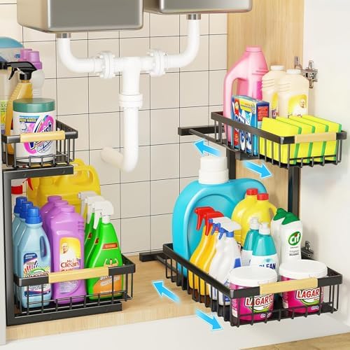 Miyawell Under Sink Organizer, 2 Pack 2 Tier Under Sink Organizers and Storage, Slide out Pull Out Cabinet Organizer Shelf, Metal Drawers Shelves for Kitchen Bathroom Closet Organization