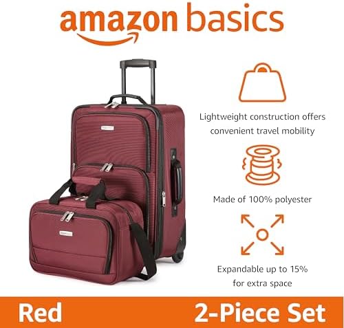 Amazon Basics Luggage Sets, Carry-On 23-Inch, tote 15-Inch, Suitcase With Wheels, Expandable Extra Space (+15%), Front Pockets and Telescopic Handle, Burgundy - Image 2