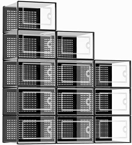 Kuject X-Large Shoe Storage Boxes Organizers Clear Plastic Stackable 12 Pack, Shoe Rack & Holder Substitute, Sneaker Containers, Toy Storage Organizer Bins for Entryway, Closet, Under Bed, Black
