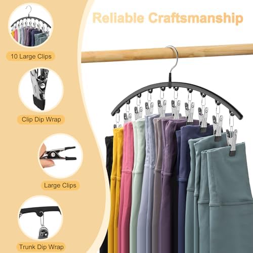Legging Organizer for Closet, Metal Yoga Pants Hangers 2 Pack w/10 Clips Holds 20 Leggings, Space Saving Hanging Closet Organizer w/Rubber Coated Closet Organizers and Storage, Black - Image 6