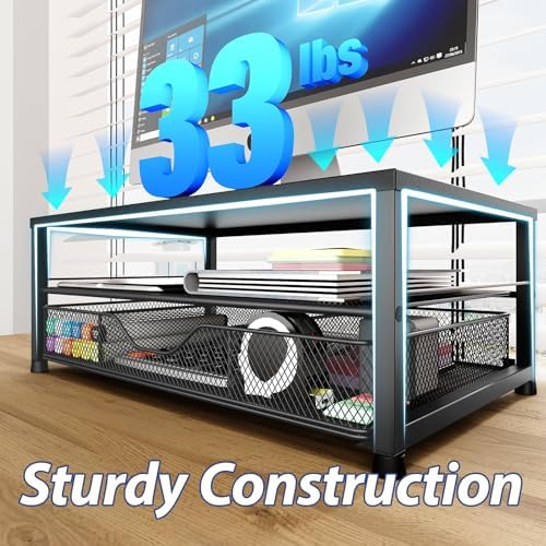 Desk Organizer and Accessories, 2-Tier Computer Monitor Stand Riser with Drawer and 2 Pen Holders, Laptop Stand, Office Desk Accessories for Office Supplies, Black - Image 5