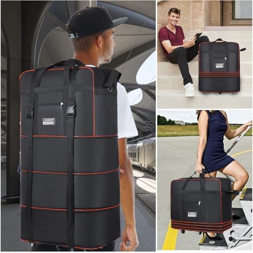 Expandable Large Capacity Travel Bag Oxford Cloth Duffel Bag with Wheels Lightweight Waterproof Travel Foldable Suitcase(Black) - Image 2