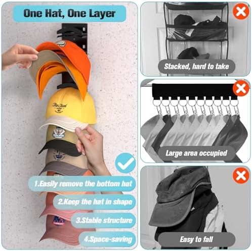 Hat Organizer for Baseball Caps 2Pack, Hat Rack for Wall with Strong Adhesive Hold up to 20 Hats, Hat Hanger Holder Display for Door Closet, Cap Organizer Storage Multilayer Two Mounting Option(Black) - Image 2