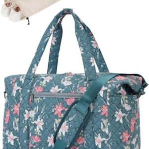 Ceneda Travel Duffle Bag - Quilted Weekender Overnight Bags For Women with Wet Pocket & Shoe Bag, Fits Airline Approved Personal Item Size (Blue Flower)