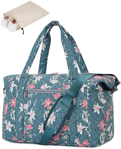 Ceneda Travel Duffle Bag - Quilted Weekender Overnight Bags For Women with Wet Pocket & Shoe Bag, Fits Airline Approved Personal Item Size (Blue Flower)