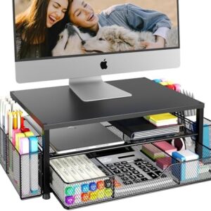 Desk Organizer and Accessories, 2-Tier Computer Monitor Stand Riser with Drawer and 2 Pen Holders, Laptop Stand, Office Desk Accessories for Office Supplies, Black