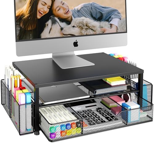 Desk Organizer and Accessories, 2-Tier Computer Monitor Stand Riser with Drawer and 2 Pen Holders, Laptop Stand, Office Desk Accessories for Office Supplies, Black
