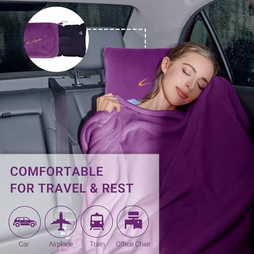 Travel Blanket & Pillow Set, 300 GSM Soft Fleece, 60x43 Inches, 3-in-1 Airplane Blanket, Travel Pillow and Blanket Set, Travel Blanket Airplane Compact with Bag, Travel Essentials, Violet - Image 7