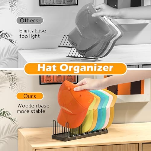Hat Organizer for 9 Baseball Caps, Solid Wood Base Hat Rack for Closet, Metal Hat Stand for Baseball Caps, Hat Storage with Anti-slip Pads, Cap Organizer Hat Holder for Closet - Image 5
