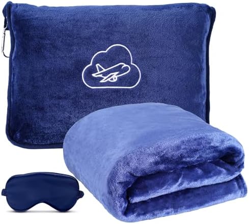 Travel Blanket, Ultra-Soft, Warm & Lightweight Travel Blanket Airplane with Bag, 65x40 in, Airplane Travel Essentials for Women, Men & Kids, Included Eye Mask, Luggage Sleeve & Backpack Clip