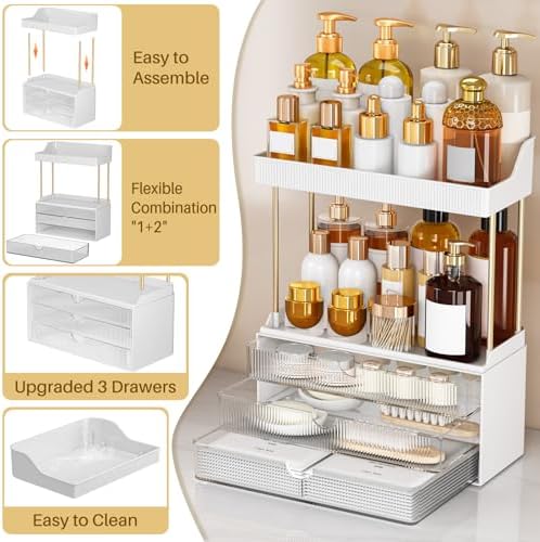 5 Tiers Bathroom Counter Organizer - 3 Drawers Makeup Organizer, Cosmetic Storage Drawer for Dresser Countertop and Bathroom Vanity for Large Skincare, Perfume, Clear - Image 3