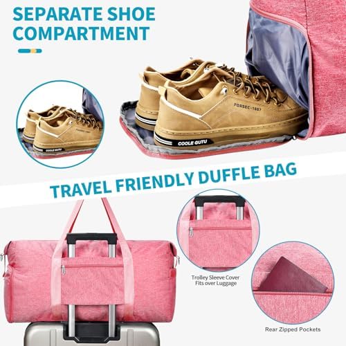 Carry on luaggage 22x14x9 Airlines Approved, Foldable Travel Duffel Bags Weekender Overnight Carry on Duffel Luggage Gym Duffle Bag with Wet Pocket & Shoe Compartment for Women Men(Pink, 40L) - Image 4