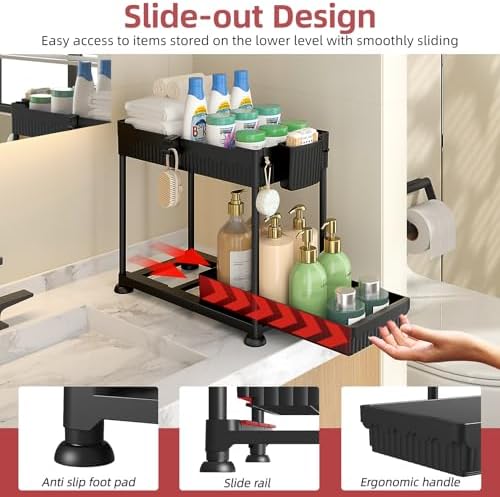 4 Pack Under Sink Organizer, Bathroom Organizers and Storage, 2 Tier Multi-Use Pull Out Cabinet Organizer with Hang Hooks and Cups (Black, 4 Pack) - Image 2
