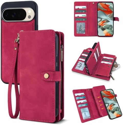 TwoHead for Google Pixel 10 Pro XL Wallet Case with Card Holder & Detachable Magnetic Pixel 10 Pro XL Case, PU Leather All-Round Protective Phone Cover,Wine Red,6.8 in