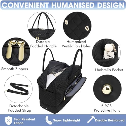 Large Women Travel Duffle Bag, Carry on Bag with Wet Toiletry Pocket for Overnight, Weekend, Yoga, Gym, Business Trips, Sport and Hospital, Black - Image 3