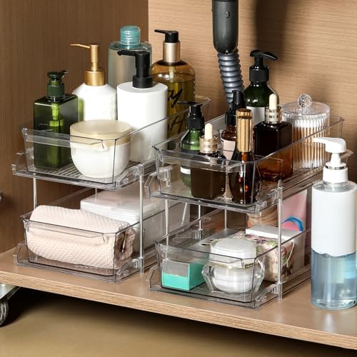 2 Set, 2 Tier Clear Organizer with Dividers for Cabinet, Shlef, Counter - MultiUse Slide-Out Storage Container - Kitchen, Pantry, Medicine Cupboard Bins, Bathroom, Vanity Makeup, Under Sink Organizing - Image 6