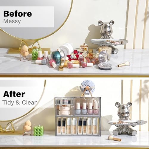 Prsildan Acrylic Drawer Makeup Organizer with 4 Drawers, Set of 2 Office Desk Organizers Accessories, Clear Stackable Storage Drawers for Vanity, Countertop, Craft, Jewelry, Art Supply Organization - Image 4