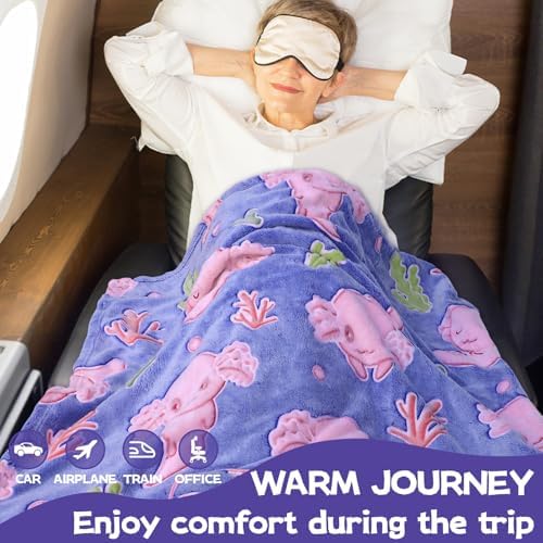 Axolotl Blanket for Airplane Travel - Glow in The Dark Kids Travel Blanket Pillow Set for Plane, Car - Axolotl Gifts Toys for Girls, Small Soft Purple Fleece Throw for Teens Girls 40" x 60" - Image 6