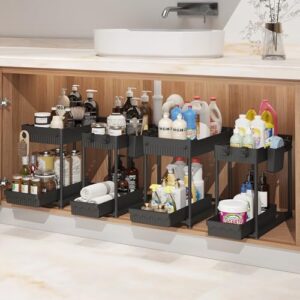 4 Pack Under Sink Organizer, Bathroom Organizers and Storage, 2 Tier Multi-Use Pull Out Cabinet Organizer with Hang Hooks and Cups (Black, 4 Pack)