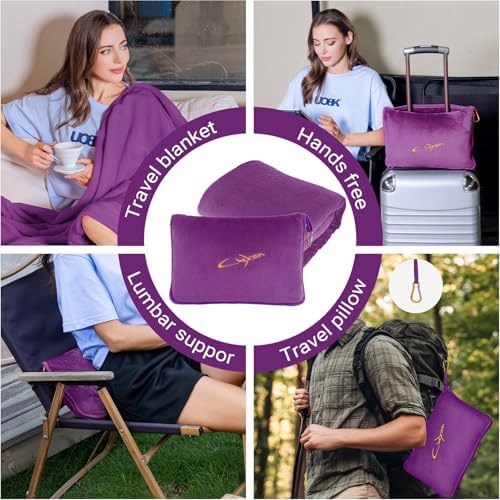 Travel Blanket & Pillow Set, 300 GSM Soft Fleece, 60x43 Inches, 3-in-1 Airplane Blanket, Travel Pillow and Blanket Set, Travel Blanket Airplane Compact with Bag, Travel Essentials, Violet - Image 2