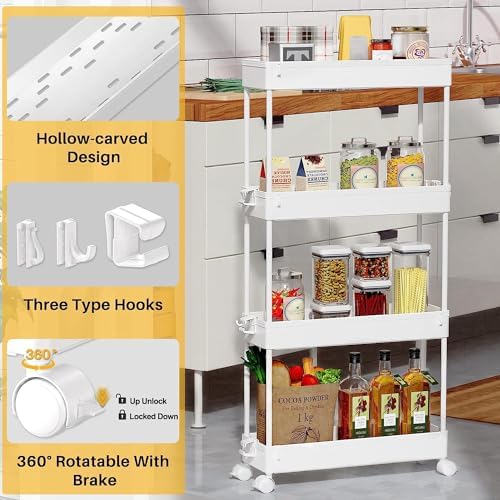 SPACEKEEPER Slim Rolling Storage Cart 4 Tier Bathroom Organizer Mobile Shelving Unit Utility Cart Tower Rack for Kitchen Laundry Narrow Places, White - Image 2