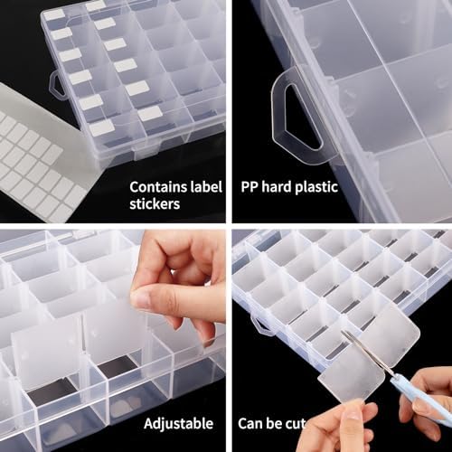 OUTUXED 2 Pack 36 Grids Clear Plastic Bead Organizer Box, Fishing Tackle Box Compartment Organizer with Adjustable Dividers for Jewelry, Art Craft, Bead Storage Containers with 5 Sheets Label Stickers - Image 3