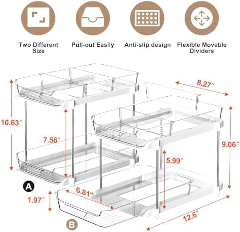 Delamu 2 Sets of 2-Tier Multi-Purpose Bathroom Under Sink Organizers and Storage, Stackable Kitchen Pantry Organization, Pull Out Medicine Cabinet Organizer with 8 Movable Dividers, White - Image 2